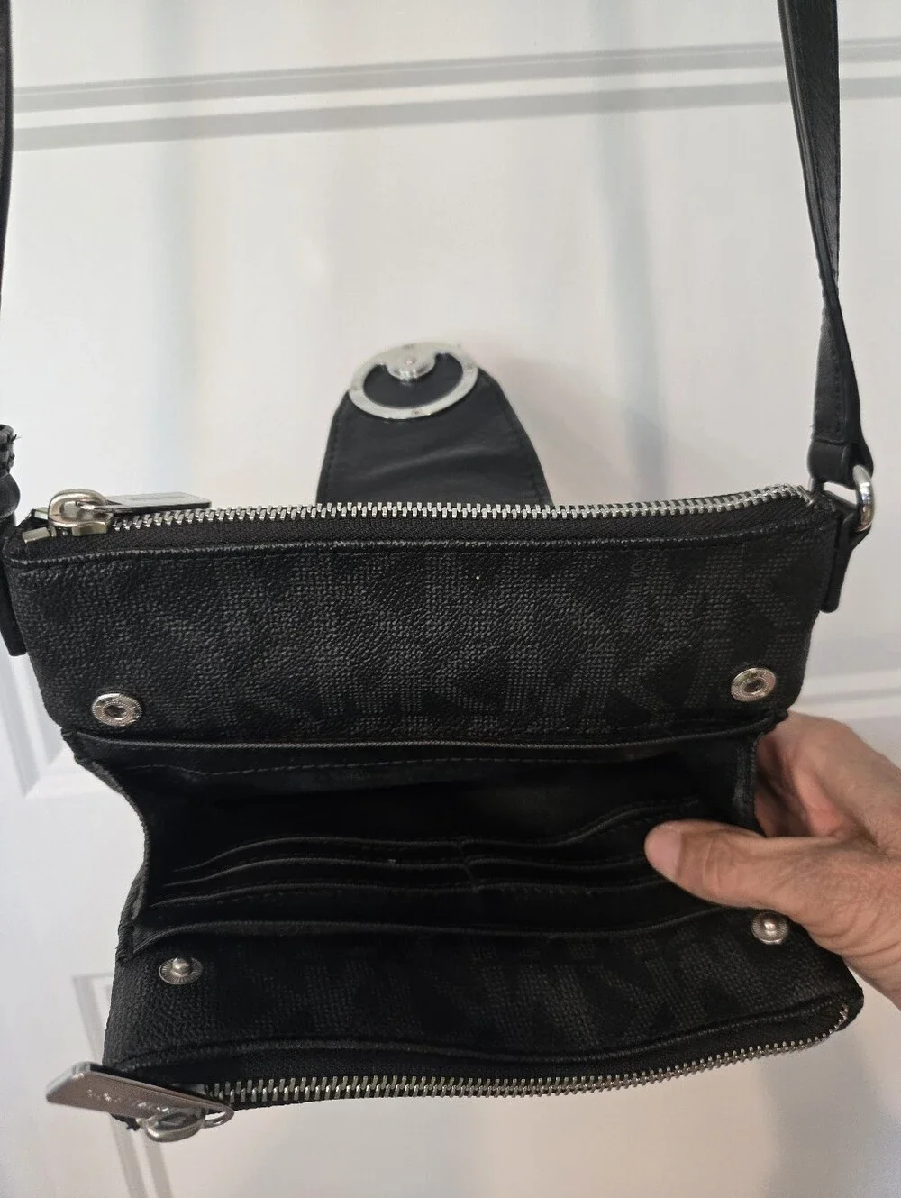 Michael Kors Black and Gunmetal Signature MK Crossbody Bag - Picture 6 of 7